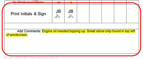 Vehicle check list details